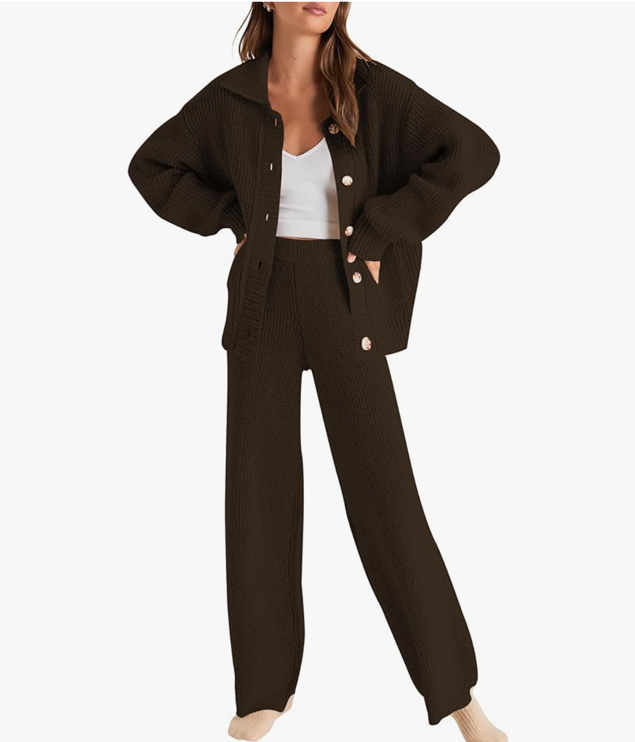 Cakulo Womens 2024 Lounge Sets 2 Piece Outfits Fall Button Sweater Matching Set Wide Leg Loungewear Sweatsuits, Large 