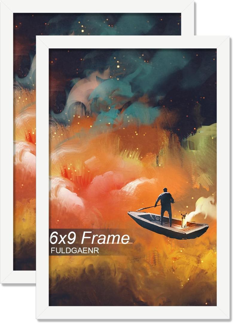 FULDGAENR 6x9 Picture Frame Set of 2, White Frames for 6 x 9 Inch Photo Poster Certificate, High Transparency Wall/Tabletop Frame with Horizontal Vertical Display (2 Pack | White | 6"x9")