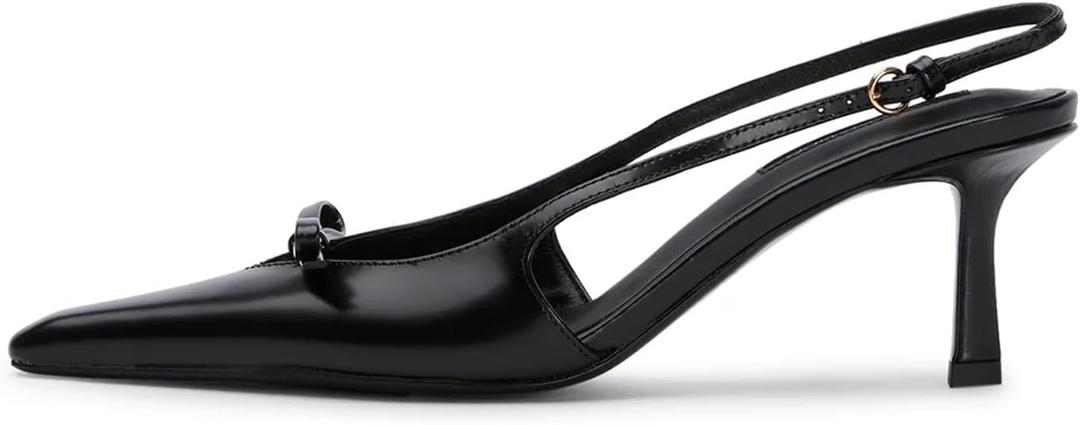 Mattiventon Slingback Heels for Women Kitten Heels Bow Ankle Strap Pointed Toe Heel Sexy Wedding Dress Party Pumps (8.5, Black)