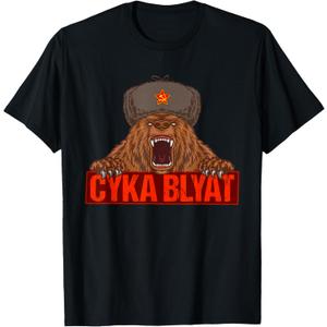 Russian Flag Ushanka Russia Funny Russian Bear T-Shirt (Black, L)