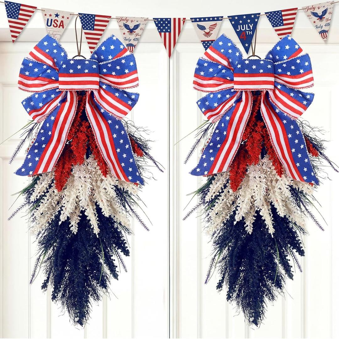 Dingion 2 Pack 20 Inch Patriotic Wreath for Front Door 4th of July Red White and Blue Wreath with American Flag Bow Memorial Day Teardrop Swag Decor for Porch Wall Independence Veterans Day