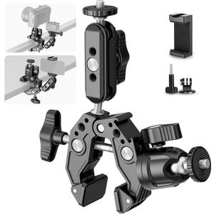NEEWER Super Clamp with 3" Dual Ballhead Magic Arm, Ball Head Adapter, Cold Shoe, Phone Holder, Action Camera Clamp Mount for Flat/Round Surface Compatible with GoPro DJI iPhone 15 Pro Max, ST85