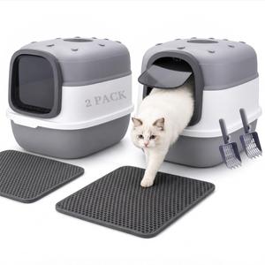 Enclosed Kitty Litter Box, 2 Pack Grey Cat Box with Lid, Mat & Scoop