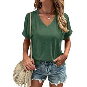 Liooil Women's Tshirts V Neck Short Sleeve Summer Tops Casual Basic Tee Shirts (Medium, Green)