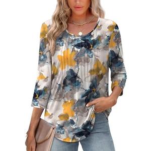 XIEERDUO 3/4 Length Sleeve Tops for Women 2025 Crewneck Casual Pleated Tunic Tops Loose Fit Shirts Blouses size XXL