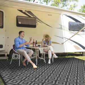 Outdoor Patio Plastic Straw Rug - 8x10 ft Outdoor Camping Rug Waterproof Reversible, Area Carpet Patios Clearance RV, Outside Porch Balcony Deck for Camper, Black & Grey