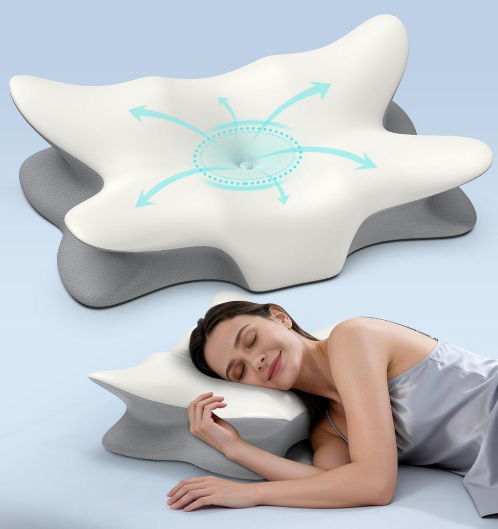 Cervical Neck Pillow for Pain Relief, Ergonomic Side Sleeper Pillow Cooling Memory Foam Pillows for Sleeping, Contour Pillow Orthopedic Bed Pillow for Back Stomach Sleepers (White)