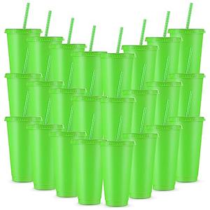 Amyhill 24 Pcs Reusable Cups with Lids and Straws 24 oz Glitter Iced Coffee Tumbler Plastic Travel Mug Cup for Smoothie Juices Birthday Sleepover Party Supplies for Girls(Fluorescent Green)