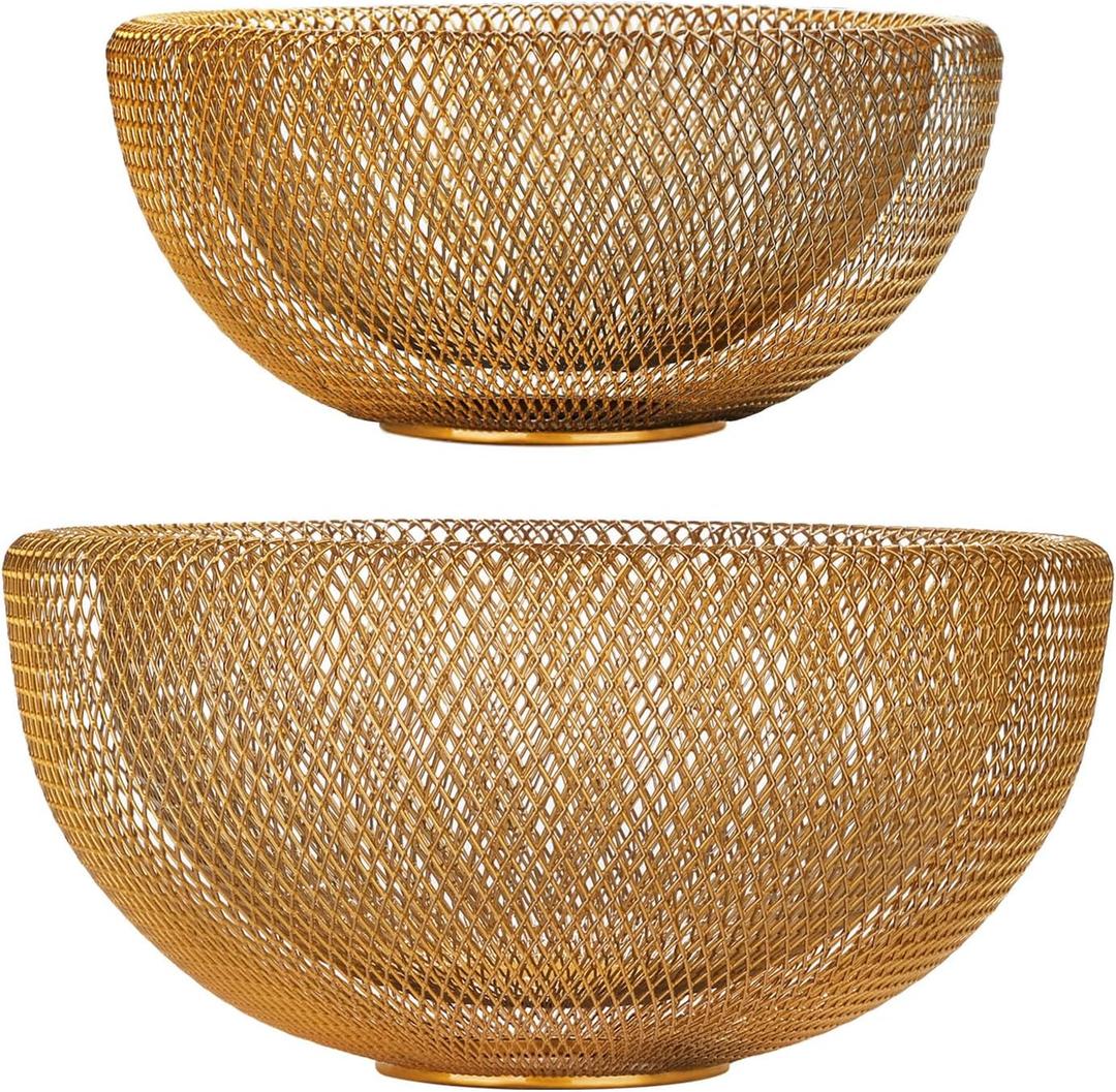 IBWell Metal Wire Woven Fruit Storage Bowl Basket for Kitchen, Large Black Mesh Fruit Stand, for Apple, Pineapple, Banana, Orange, Lemon, Pear, Strawberry, Watermelon (Gold, Normal & Large)