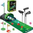 Clemas Upgraded Kids Toy Golf Set with Dinosaur Automatic Golf Returner, Led Light Up Night Golf Balls, 3 Clubs, Putting Mat, 3-8 Toddler Mini Golf Games, Indoor Outdoor Sports Toys for Boys Girls 3+, Small, Adjustable