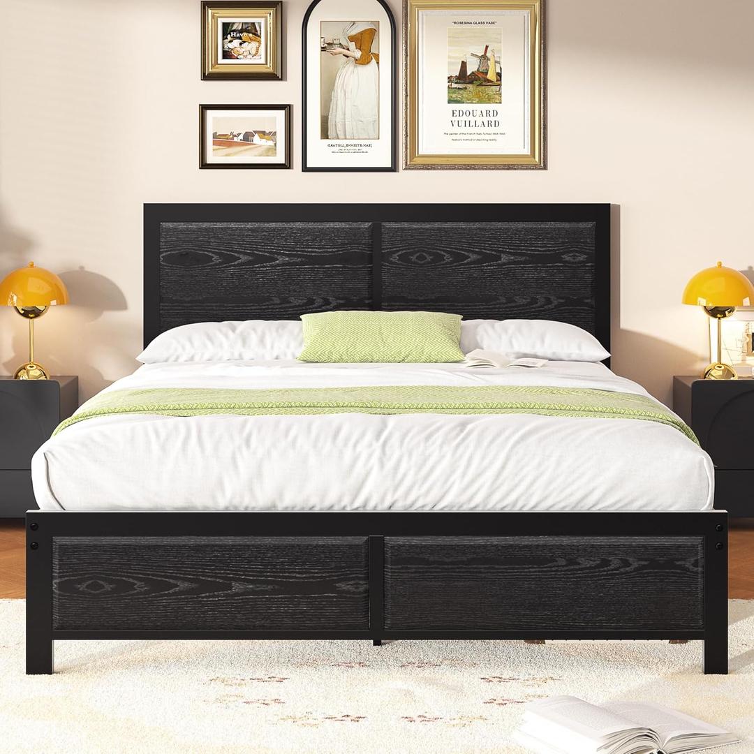 VECELO Full Size Bed Frame with Black Wood Headboard and Footboard, 14 Inch Platform Mattress Foundation, No Box Spring Needed, Heavy Duty Support, Easy Assembly