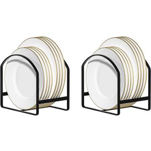 LINFIDITE 2 Pack Kitchen Plate Holder Organizer for Cabinet Space Saver Dinner Dish Plate Storage Rack Upright Dish Drying Racks Metal Dish Racks Stand for Cupboard and Countertop Large Black