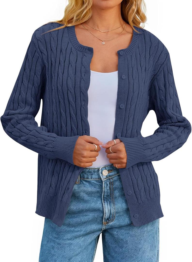 MEROKEETY Women's Cable Knit Open Front Cardigan Sweaters Fall Long Sleeve Button Down Soft Outwear (Blue, S)
