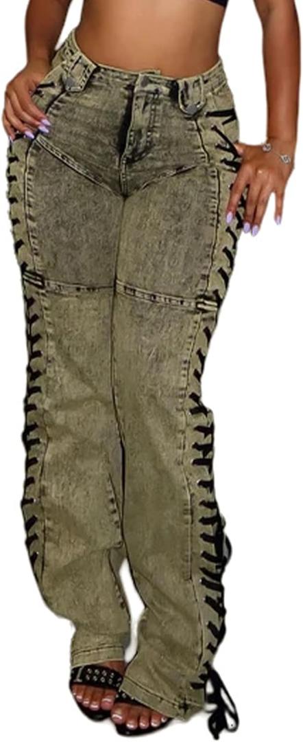 Women Straight Leg Jeans Casual Y2k High Waisted Lace UP Split Hem Jeans Slim Fit Trendy Denim Pants (Medium, Green)