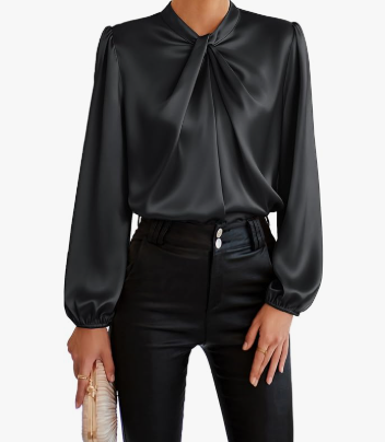 GRACE KARIN Women's Satin Silk Blouse Mock Neck Long Sleeve Fall Blouses 2024 Elegant Casual Office Work Dressy Shirts Tops Black L