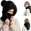 3 in 1 Beanie Hat for Women - 2025 New 3 in 1 Beanie Hat with Scarf and Mask, Fleece Lined Knit Windproof Scarf Hat (Black)