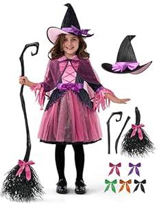 Spooktacular Creations Child Girl Pink Purple Witch Costume, Toddler Witch Outfit Set with Broom for Kids Halloween Dress Up Parties (Toddler (3-4 Yr))