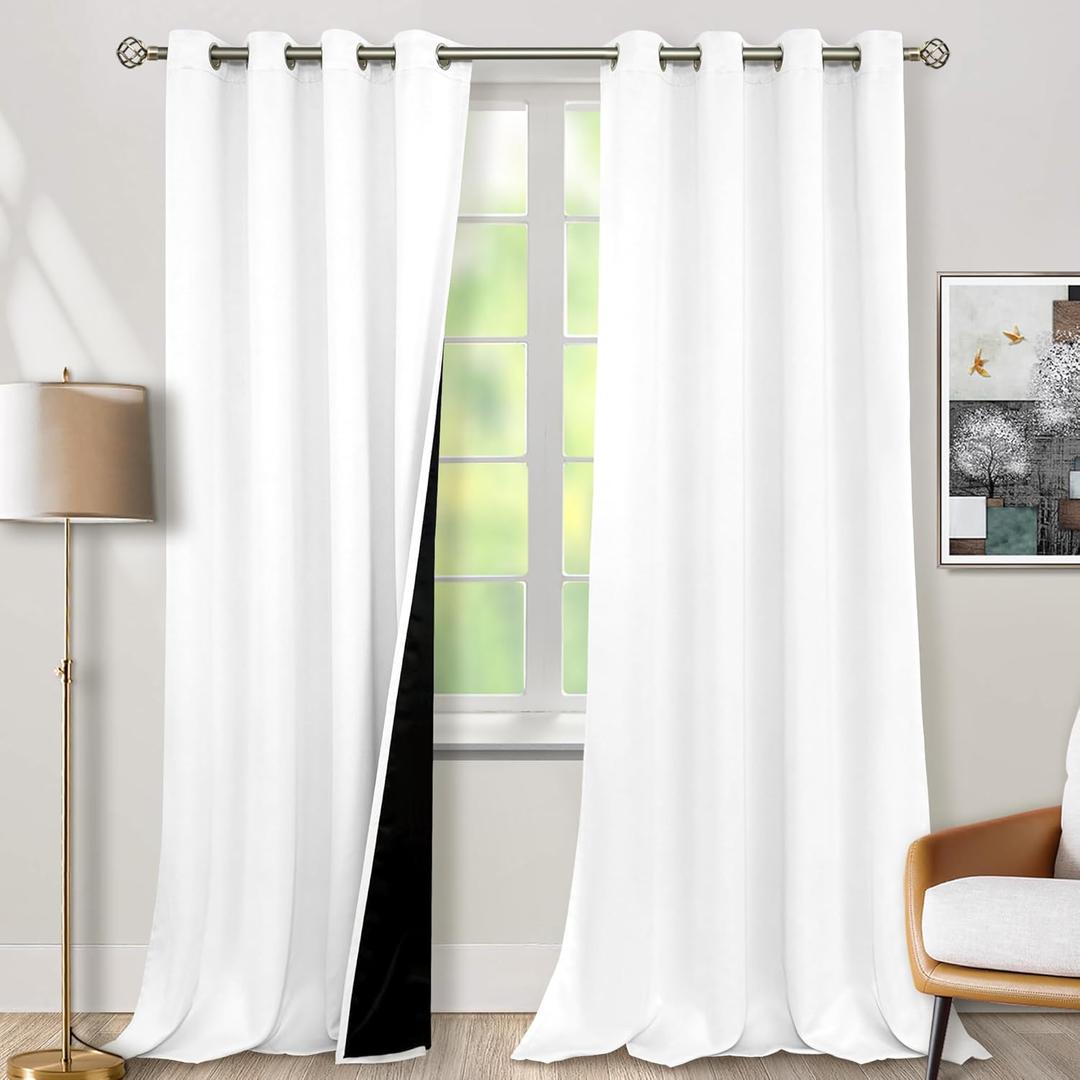 BGment Thermal Insulated 100% Blackout Curtains for Bedroom with Black Liner, Double Layer Full Room Darkening Noise Reducing Grommet Curtain (55 x 96 Inch, White, 2 Panels)