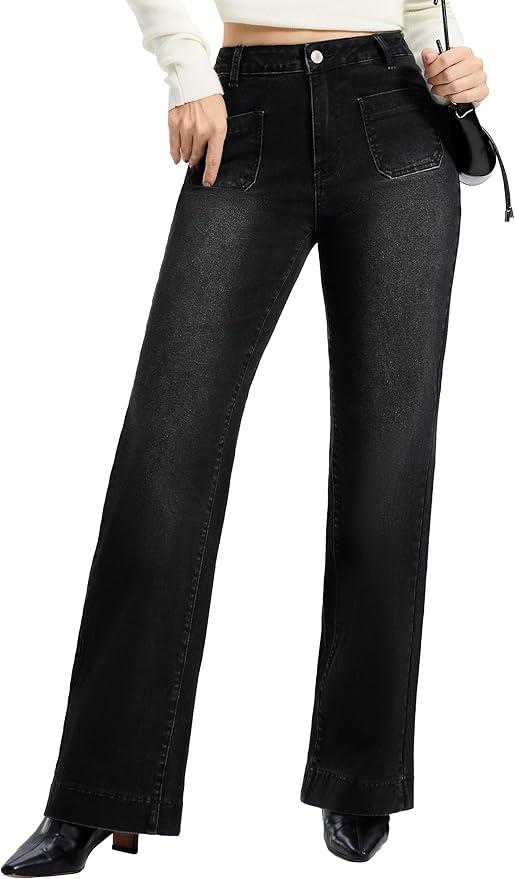 Tall Women's nseam Wide Leg Jeans High Waisted Stretchy Straight Loose Trendy Denim Pants Pockets. Size L
