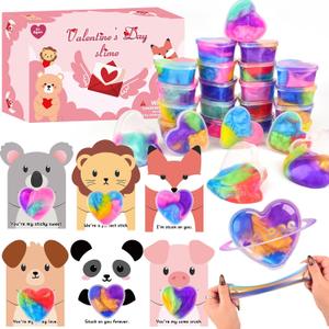 Valentines Day Slime 24 Pack, Mini Heart Galaxy Slime Cups with Valentine Cards & Individual Gift Bags, Classroom Exchange Gifts for Kids, Party Favors Goodie Bag Fillers, Stress Relief Fidget Toys