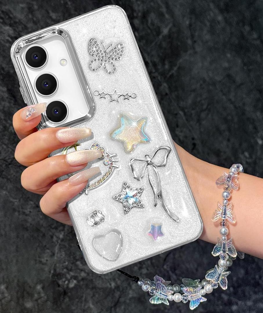 Toycamp for Samsung Galaxy S25 Plus Case, for Samsung Galaxy S24 Plus Cases - for Women Girls Cute Girly Kawaii Cartoon 3D Cat Star Bow Design with Charm Butterfly Wrist Chain Aesthetic Phone Cover
