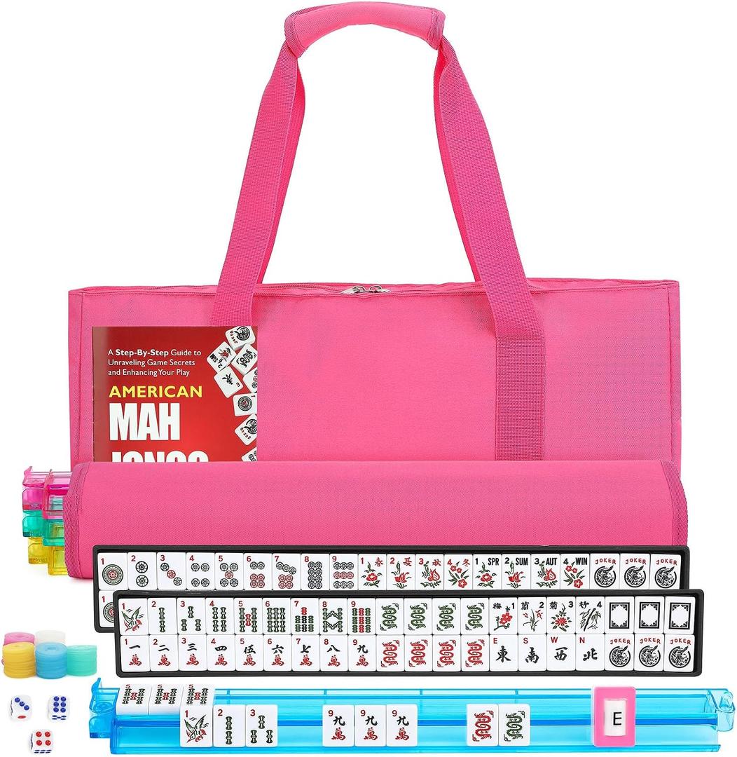 American Mahjong Tile Set,166 White Tiles Mahjong Set,4 Colors Mahjong Racks,Travel Mahjong Set with Pink Carrying Bag