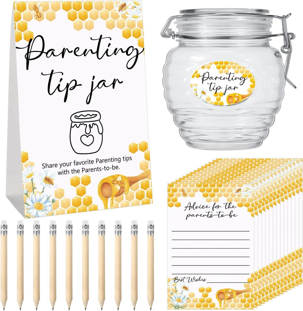 Roowest Baby Shower Advice Cards for New Parents to Be - Tip Jar Sign for New Parents 60 Parenting Advice Cards 10 HB Pencils 2 Cute Stickers 1 Pet Bottle for Guests Games (Honey)