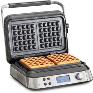 GreenPan Stainless Steel 2-Square Waffle Maker Iron, Healthy Ceramic Nonstick Plates, Adjustable Shade & Crunch Settings, Large Moat Prevents Overflow, Easy-to-use Presets LED Display, PFAS-Free