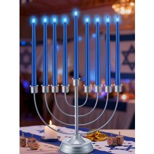 Traditional Hanukkah Menorah with 9 Blue Flameless Candle Lights, 11 Stainless Steel Menorah Candle Holder, Battery Operated or Real Wax Candles, Light Up Menorahs for Chanukah, Hanukkah Decorations