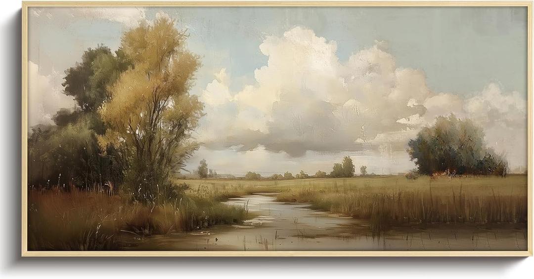 VIYYIEA Large Framed Canvas Wall Art, 20x40in, Rustic Country Landscape Art Painting for Living Room Bedroom Office, Above of Bed Neutral Retro Vintage Nature Decor, Big Horizontal Artwork