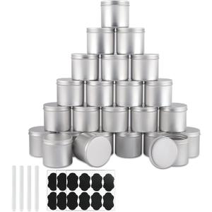 24 Pack Round Cans with Screw Lid 10 Oz Aluminum Metal Tins DIY Food Candle Containers for Lotion Bars, Balms, Salve, Spices, Beard Balm, Crafts with 4 Markers 3 Sheets Label Stickers 1(Silver)
