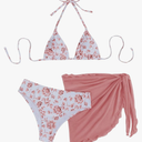 SHENHE Women's 3 Piece Floral Bikini Set with Wrap Coverup Halter Triangle Swimsuits, Large