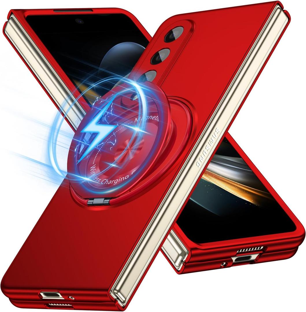 Magnetic Case for Galaxy Z Fold 4 with Rotatable Stand, Matte PC Case for Women Men Girls Boys Drop Protection Shockproof Slim Fit Durable Cover for Galaxy Z Fold 4, Red 13.9