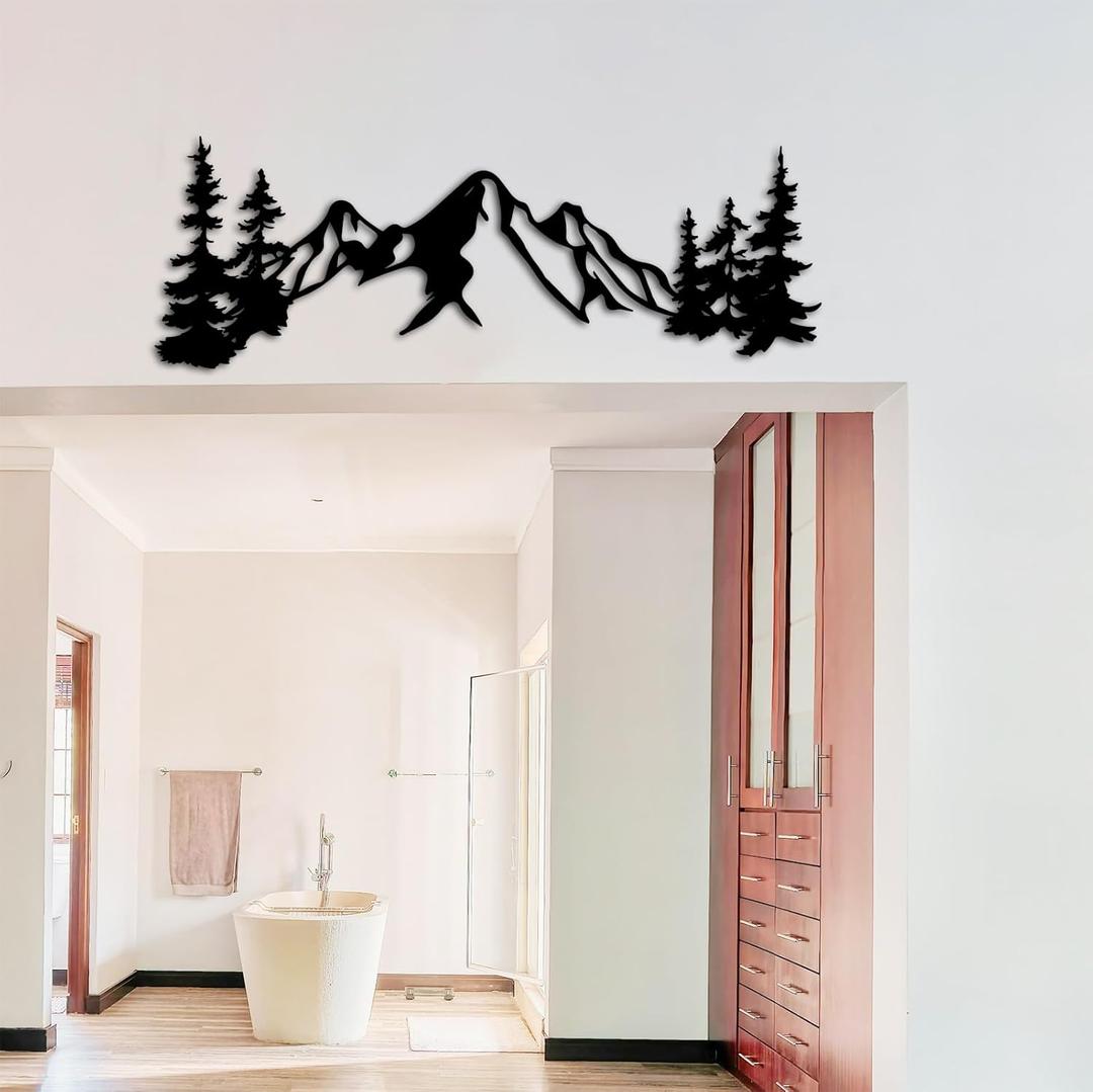 Yuzhuo Metal Mountain Wall Art Decor, Mountain Forest Silhouette Art Suitable for Living Room Bedroom Indoor Outdoor Garden Home Decoration (34.5"L x 11"W, Black)