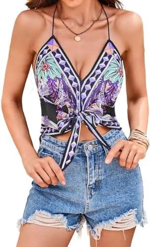 BEAUDRM Women's Floral Print Boho Backless Halter Top Hippie Sleeveless Tie Front Cami Crop Tops Country Festival Outfits Size S