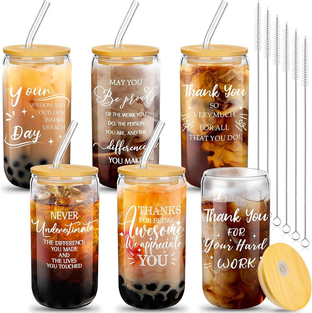 6 Set Employee Appreciation Gifts Team Thank You Gifts for Staff Coworker Team 16 oz Can Shaped Beer Glass Cups with Lids Straws Brushes for Teacher(Affirmative Style)