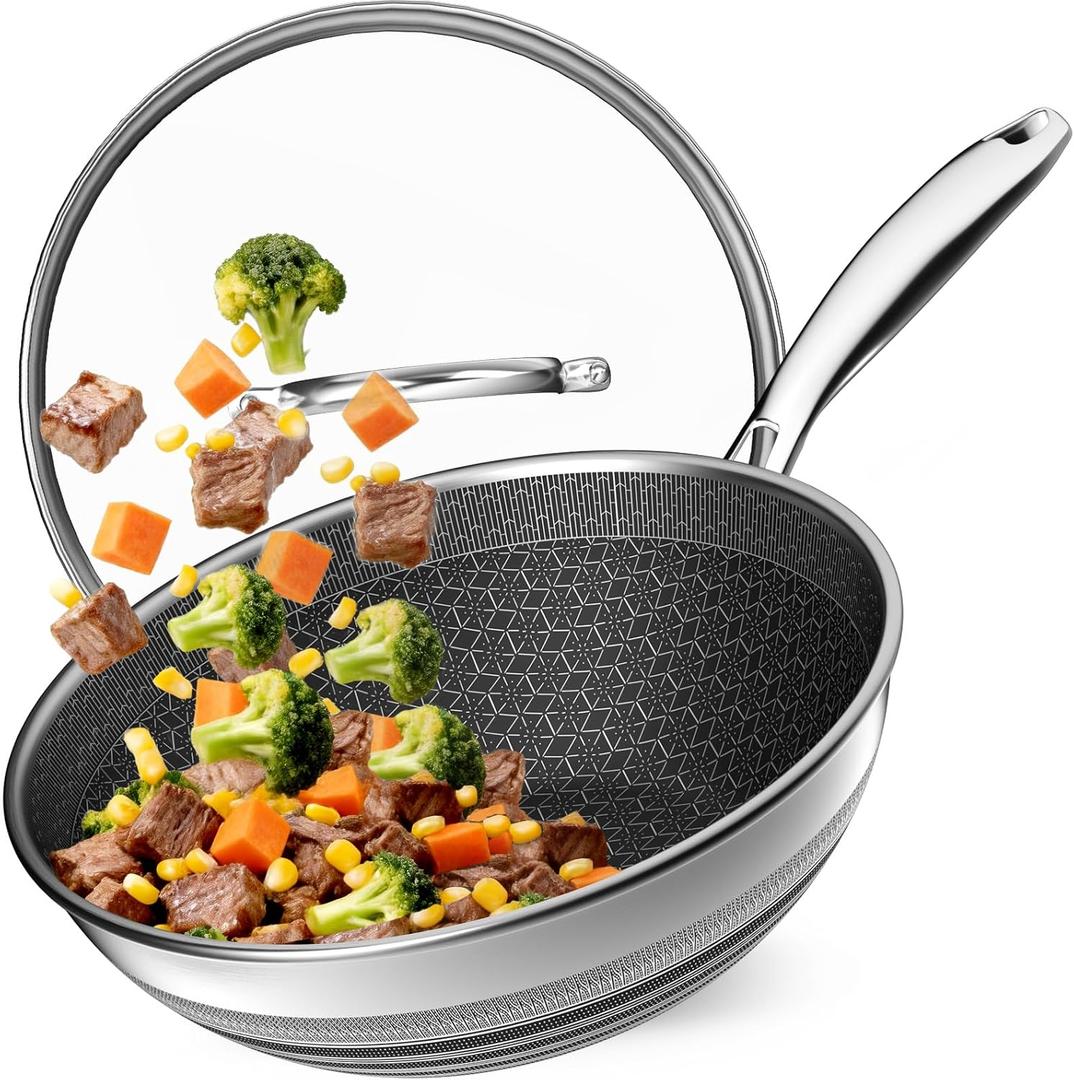 Woks & Stir-fry Pans Nonstick - Hybrid 304 Stainless Steel Wok 10.8" Non Stick Wok Pan with Lid for Induction, Electric, Gas, All Stoves, PFOA Free Cookware, Dishwasher and Oven Safe