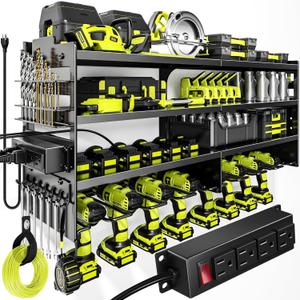 Large Power Tool Organizer Wall Mount with Charging Station,4 Layer Heavy Duty Metal Tool Storage Rack Loads 600lbs with 8 Cordless Drill Holder,Battery Utility Rack Loads with 4 Power Strip (Black)