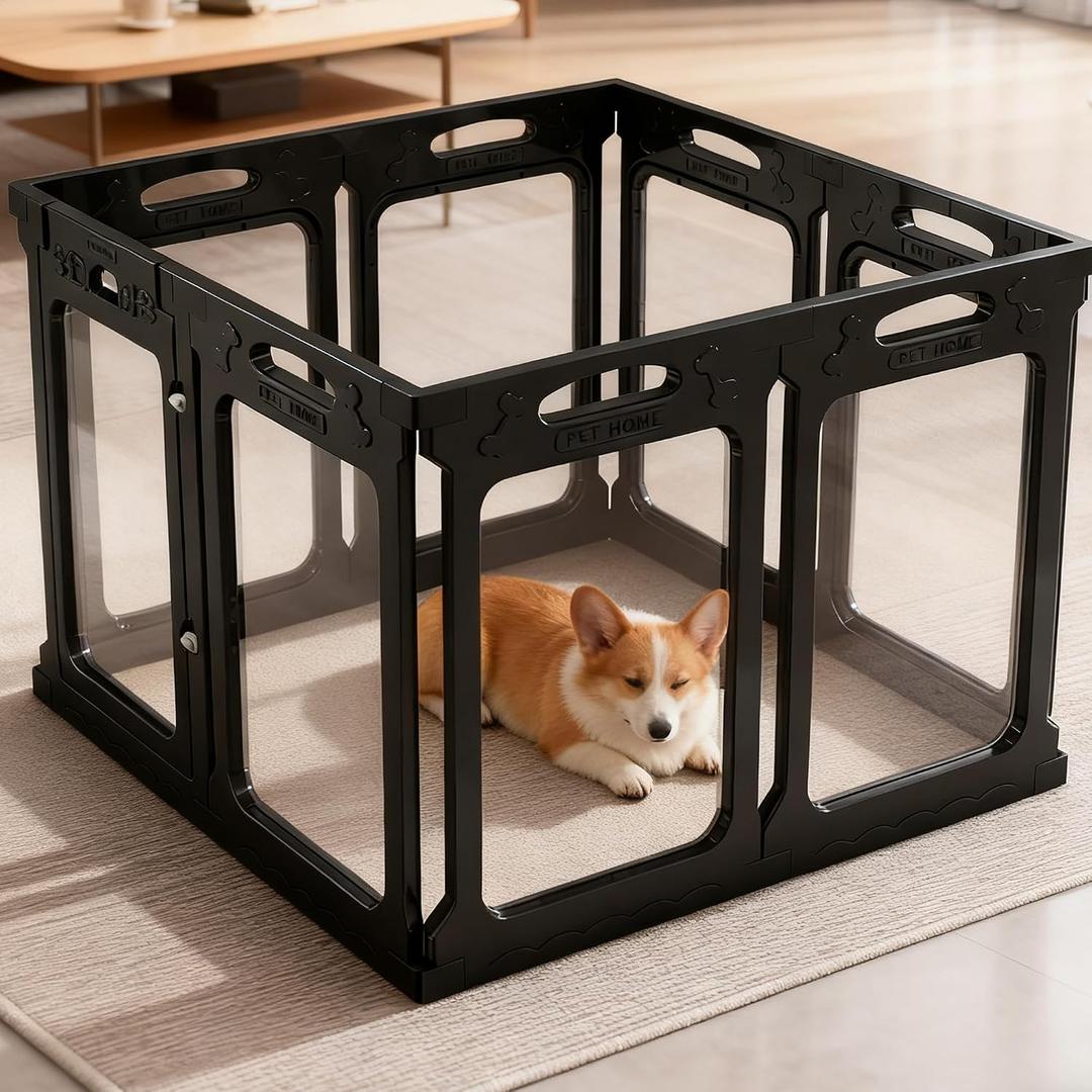Clear Acrylic Dog Playpen Indoor, Expandable Size & Flexible Shape, Ideal for Small & Toy Dogs, Black