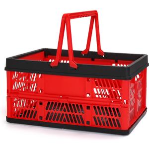 Plastic Storage Crate, Collapsible Crate for Storage Stacking Folding Storage Basket, Collapsible Shopping Basket,Car Storage Basket, Milk Crate with Handles for Kitchen, Bathroom, 20L (Red)