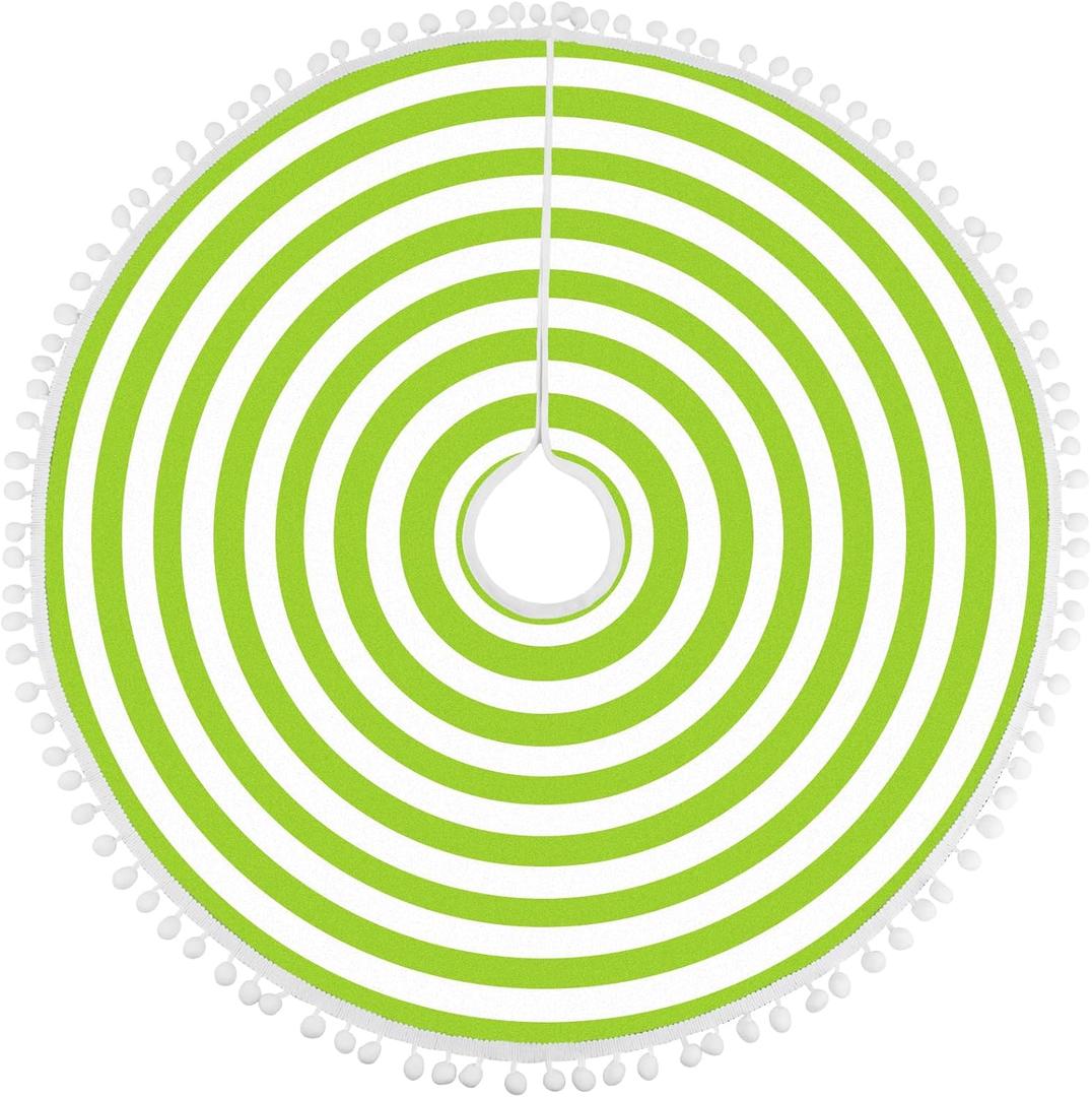 MACTING Christmas Green and White Tree Skirt 30 Inch Small Annual Rings Tree Mat with Pom Poms Little Xmas Tree Cover for Halloween Holiday Indoor Home Party Xmas Decorations