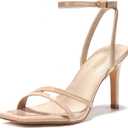 Women's Heels Strappy Ankle Strap High Heels 3.5 Inch Heeled Square Open Toe Sandals for Women (7, Nude)