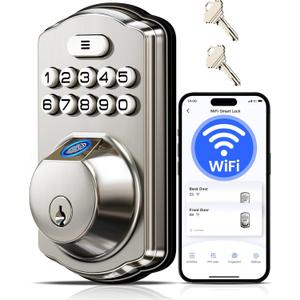 Veise VE012W Built-in WiFi Fingerprint Smart Lock, App Remote Control, Compatible with Alexa & Google Assistant, Keyless Entry for Front Door, Digital Keypad Deadbolt, Auto Lock, Satin Nickel