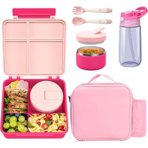 Kids Bento Lunch Box with 4 Compartments, Insulated lunch Bag, Water Bottle, Stainless Steel Food Jar, Birthday Gifts for Ages 3-12 Back to School Toddler Girls Boys (Pink)