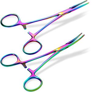 BBTO Hemostat Curved and Straight Hemostat Forceps Piercing Pliers Forceps, Stainless Steel Straight and Curved Pliers, Fishing Tweezer (Colorful, 2 Pcs)