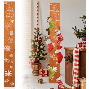 70 Inch Christmas Stocking Holder with 6 Hooks, Wooden Xmas Stocking Hangers Vertical Stocking Holder for Mantel Wall Fireplace Collapsible Stockings Hung Xmas Home Holiday Festival Decoration