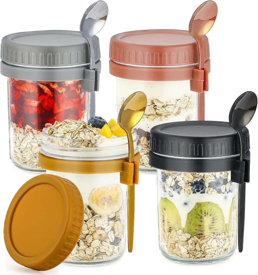 DRKIO 4 Pack Overnight Oats Containers with Lids and Spoons 16 Oz Glass Mason Jars for Overnight Oats Jars Leak Proof Oatmeal Container Great for Cereal Fruit Vegetable Milk Salad Yogurt Meal Prep