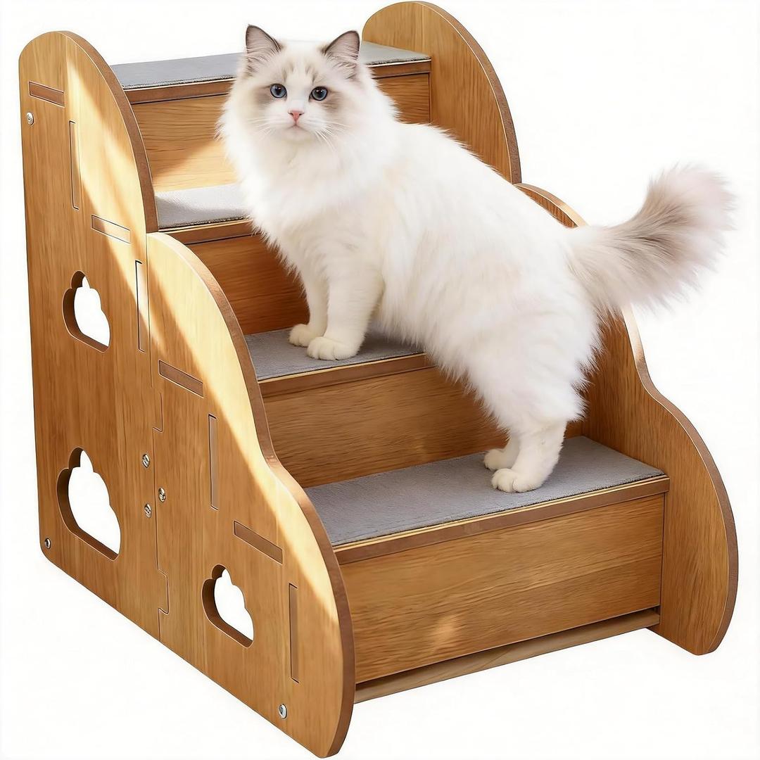 Small Dog Steps for Bed, Wooden Cat Stairs for Old Cats, Pet cat Steps for Couch Sofa Windows,4-Step Ladder,18" L x 12" W x 16" H,Suitable for Height 16-19in