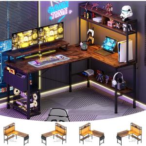 Aheaplus L Shaped Gaming Desk with Power Outlets & LED Lights, Rustic Brown, 49Inch