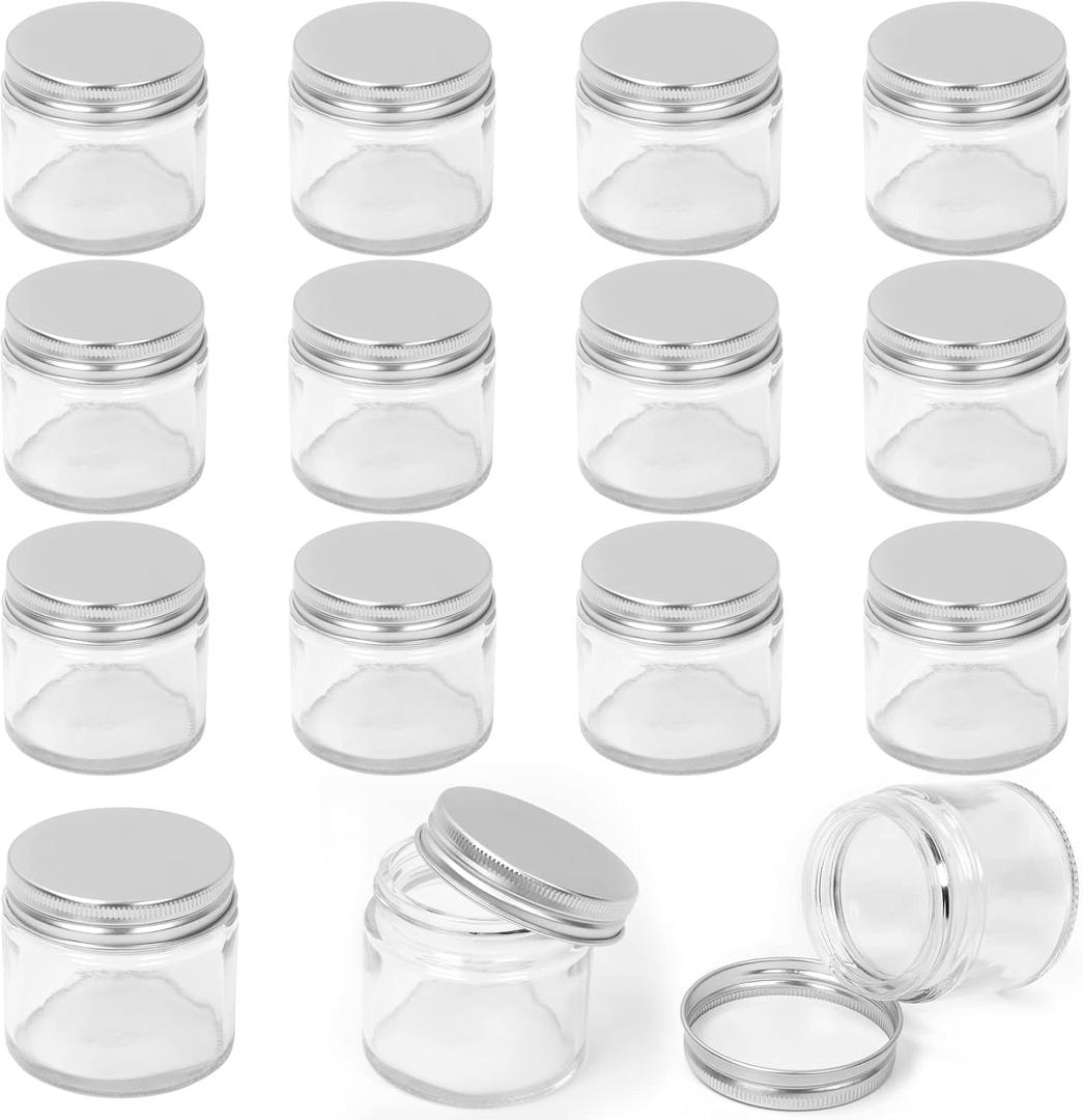Keadic 15 Pcs 60ml/2oz Glass Jars with Lids Assortment Set, Mini Round Airtight Canning Sample Jars with Silver Lids, Tiny Makeup Containers Empty Cosmetic Containers for Lotions Powders Liquid Creams